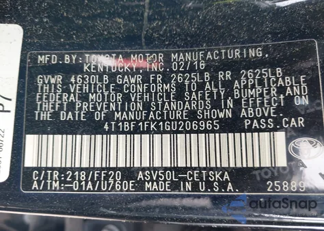 2016 Toyota Camry Se z USA, uszkodzony, nr VIN 4T1BF1FK1GU206965